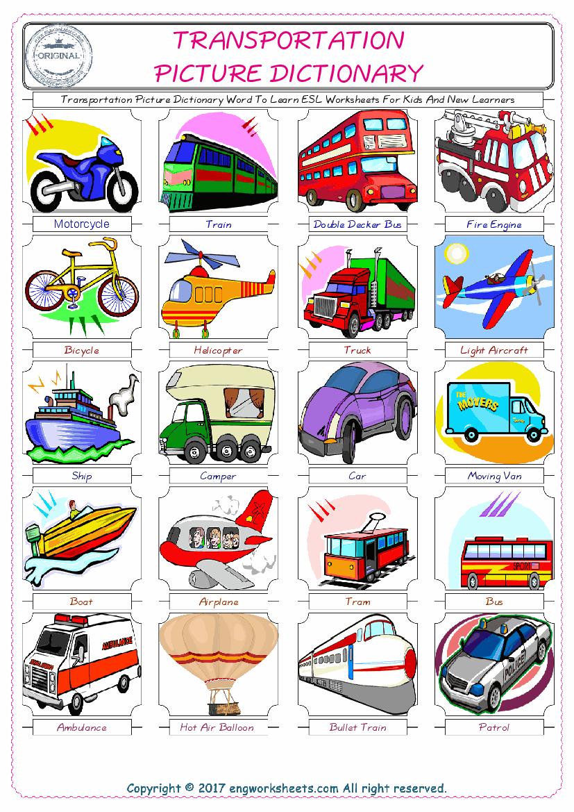  Transportation English Worksheet for Kids ESL Printable Picture Dictionary 